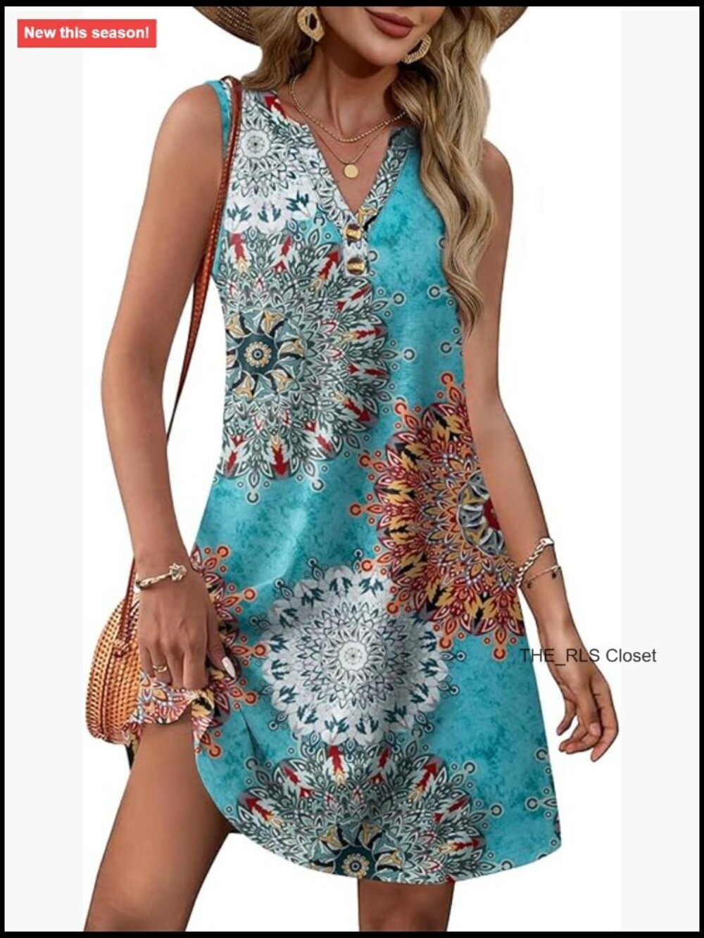V Neck Button Sundress with Pockets, Polyester Spandex Blend